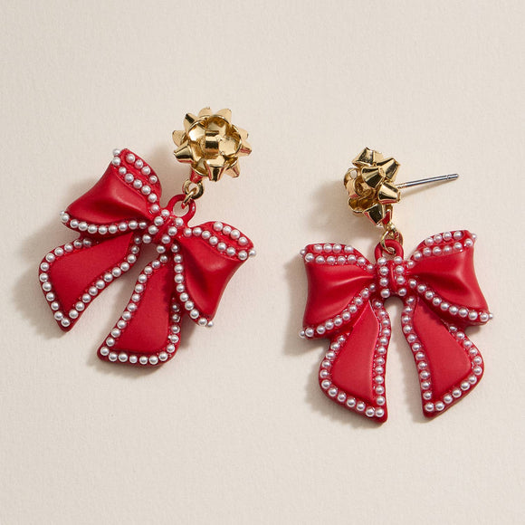 Christmas Bow Enamel Dangling Earrings