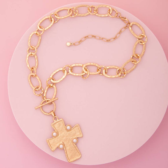 Ermine Styled Pearl Embellished Cross Pendant Necklace