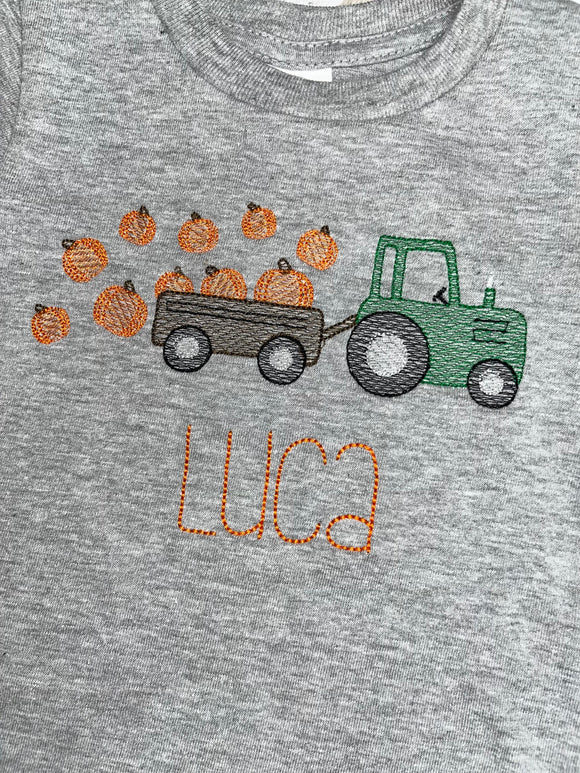 Tractor with Pumpkin Embroidery Tee
