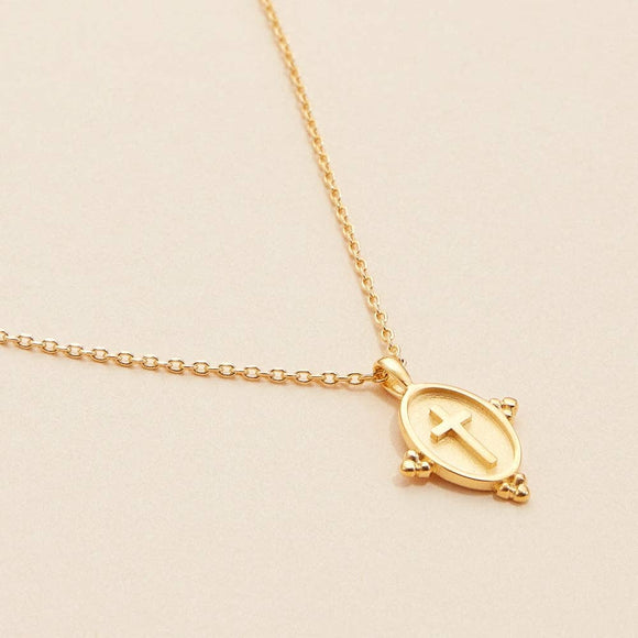 Oval Coin Necklace with Cross Charm