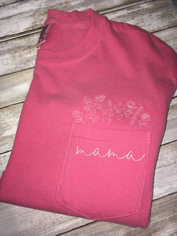 Floral/Mama Pocket Tee (Embroidery)