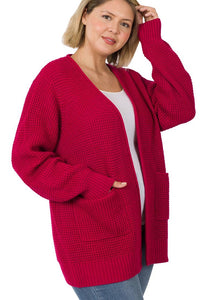 Dark Red Waffle Weave Sweater Cardigan