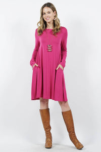 Long Sleeve Flare Dress with Pockets (Pink)h
